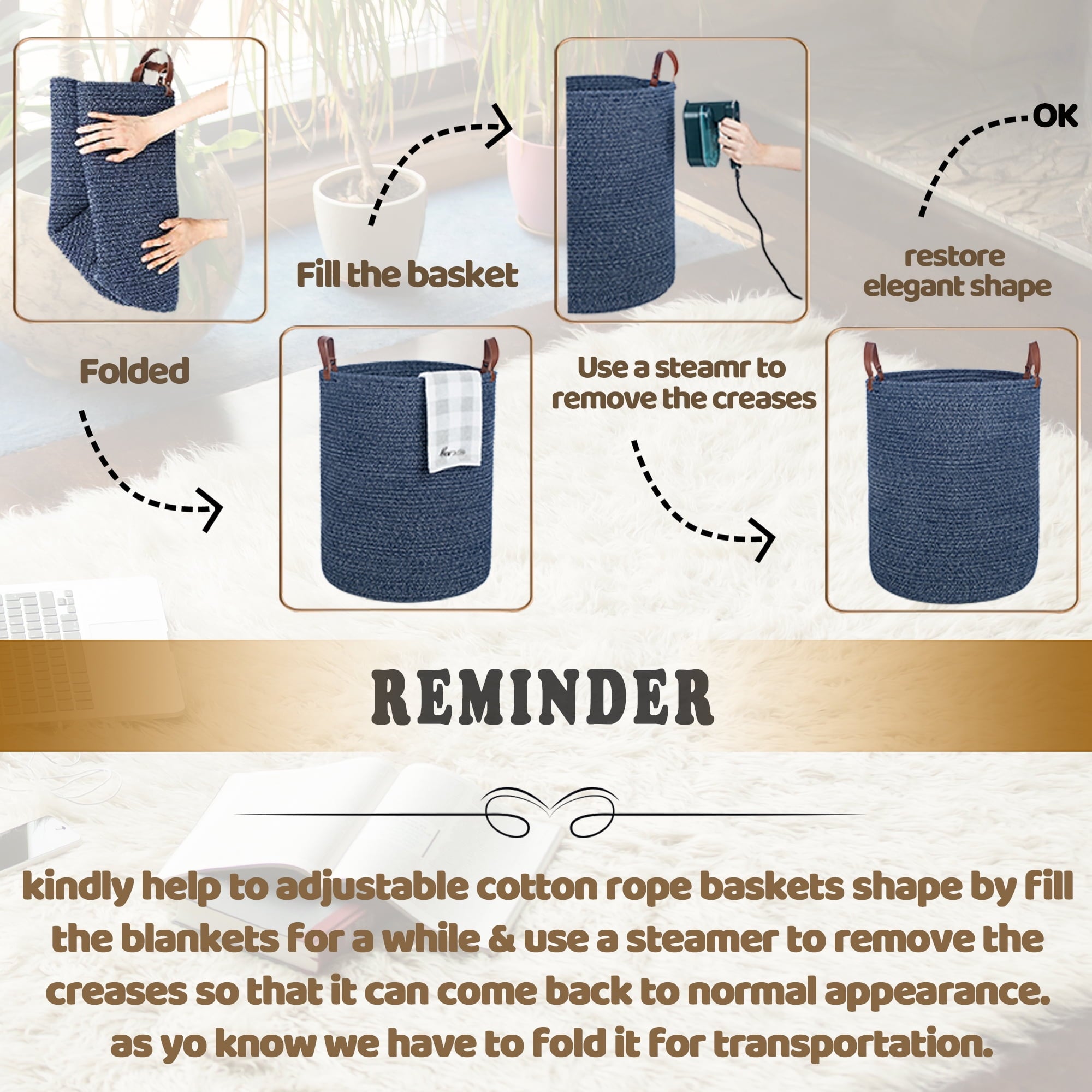 Caroeas XXXL Extra Large Rope Basket, 16''x20'' Woven Storage Basket with Leather Handles, Blanket Basket for Living Room, Tall Nursery Basket, Storage Organizer, Black