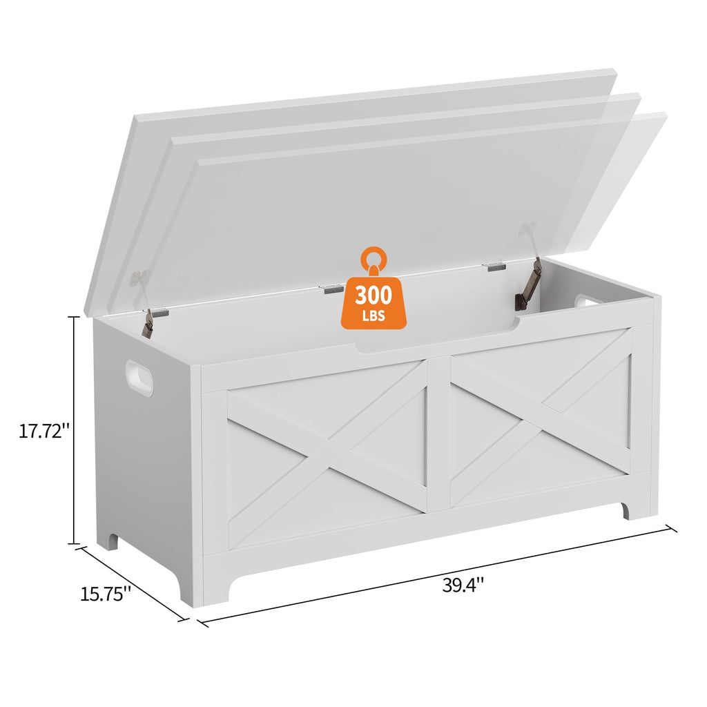 KOKEBREN 39.4"L Storage Chest, Wooden White Toy Storage Bench, Modern Style Lift-Top Toy Chest with Safety Hinge for Entryway, Bedroom, Living Room