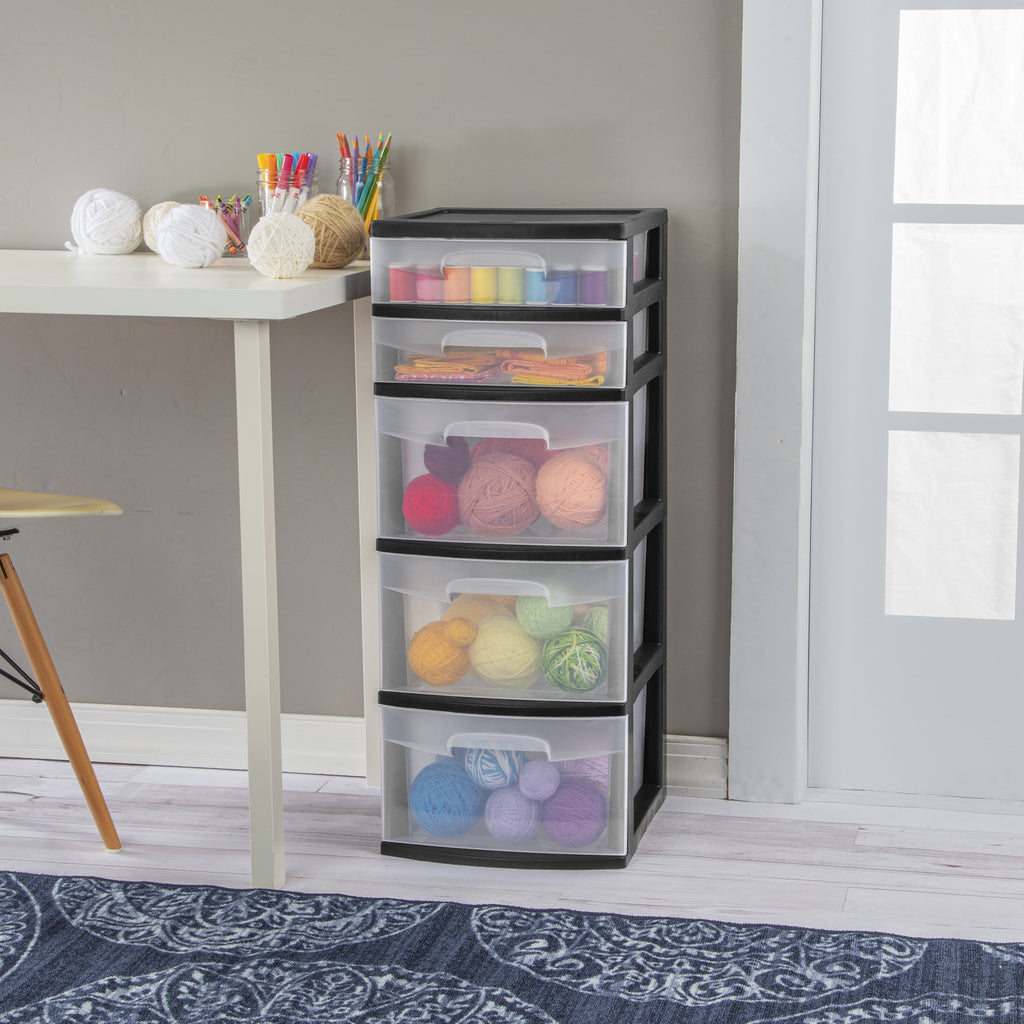 Sterilite 5 Drawer Tower, with both Shallow and Deep Clear Plastic Drawers, Black