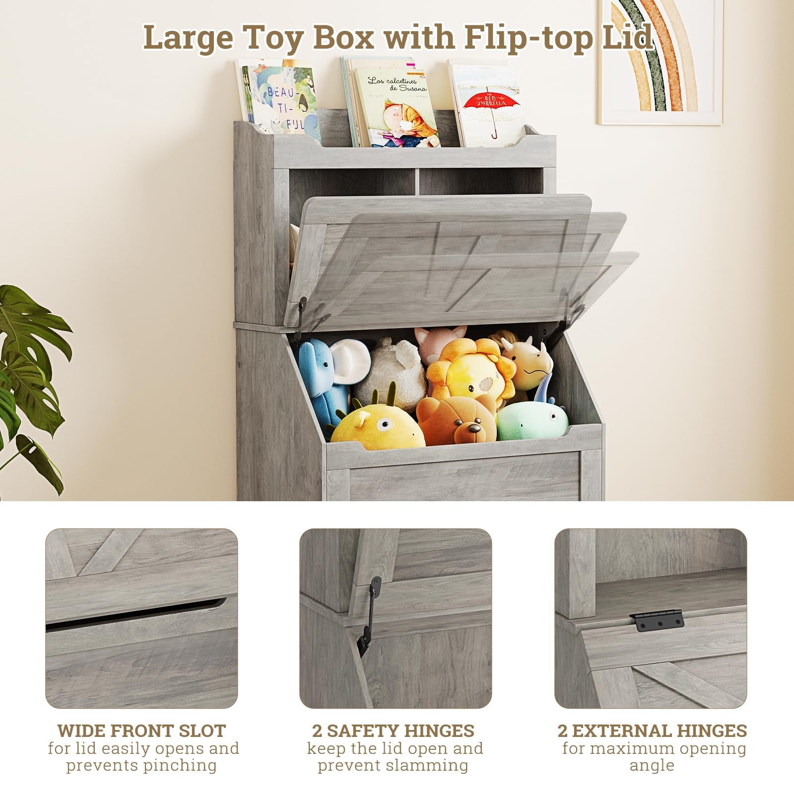 AOILE Kids Toy Organizer and Bookshelf with Flip-Top Chest, Wooden Storage Cabinet with 2-Cubby & Bookshelf