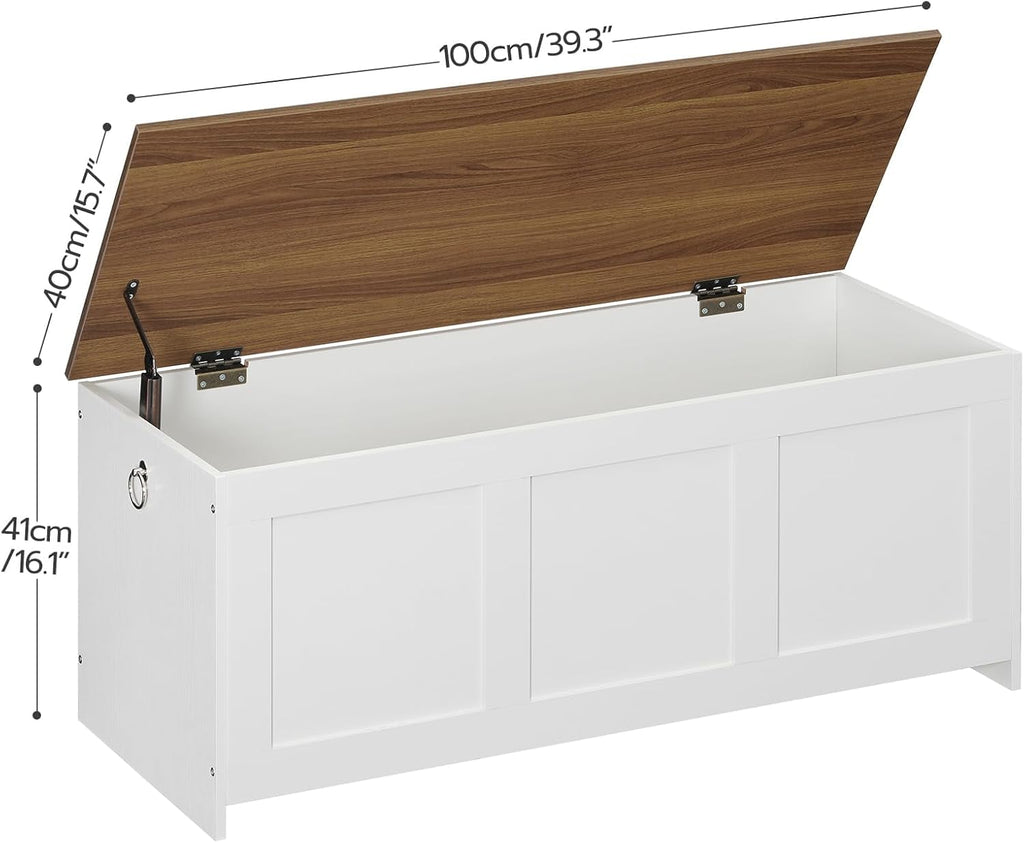 Storage Bench, 39.3" Retro Wooden Storage Chest, Wooden Storage Trunk, Toy Chest with Lift Top, Multifunctional Entryway Organizer, for Entryway, Living Room, White and Walnut