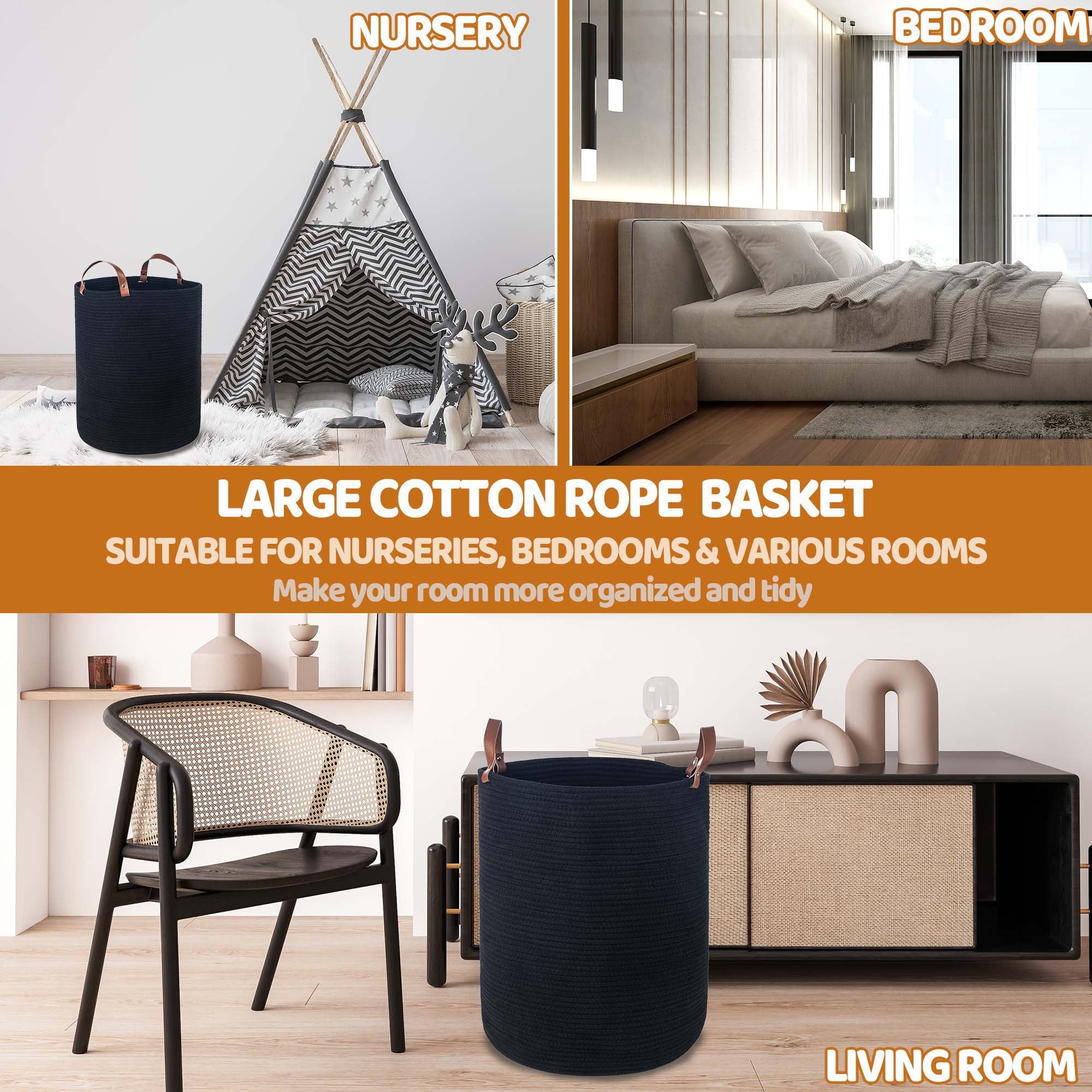 Caroeas XXXL Extra Large Rope Basket, 16''x20'' Woven Storage Basket with Leather Handles, Blanket Basket for Living Room, Tall Nursery Basket, Storage Organizer, Black