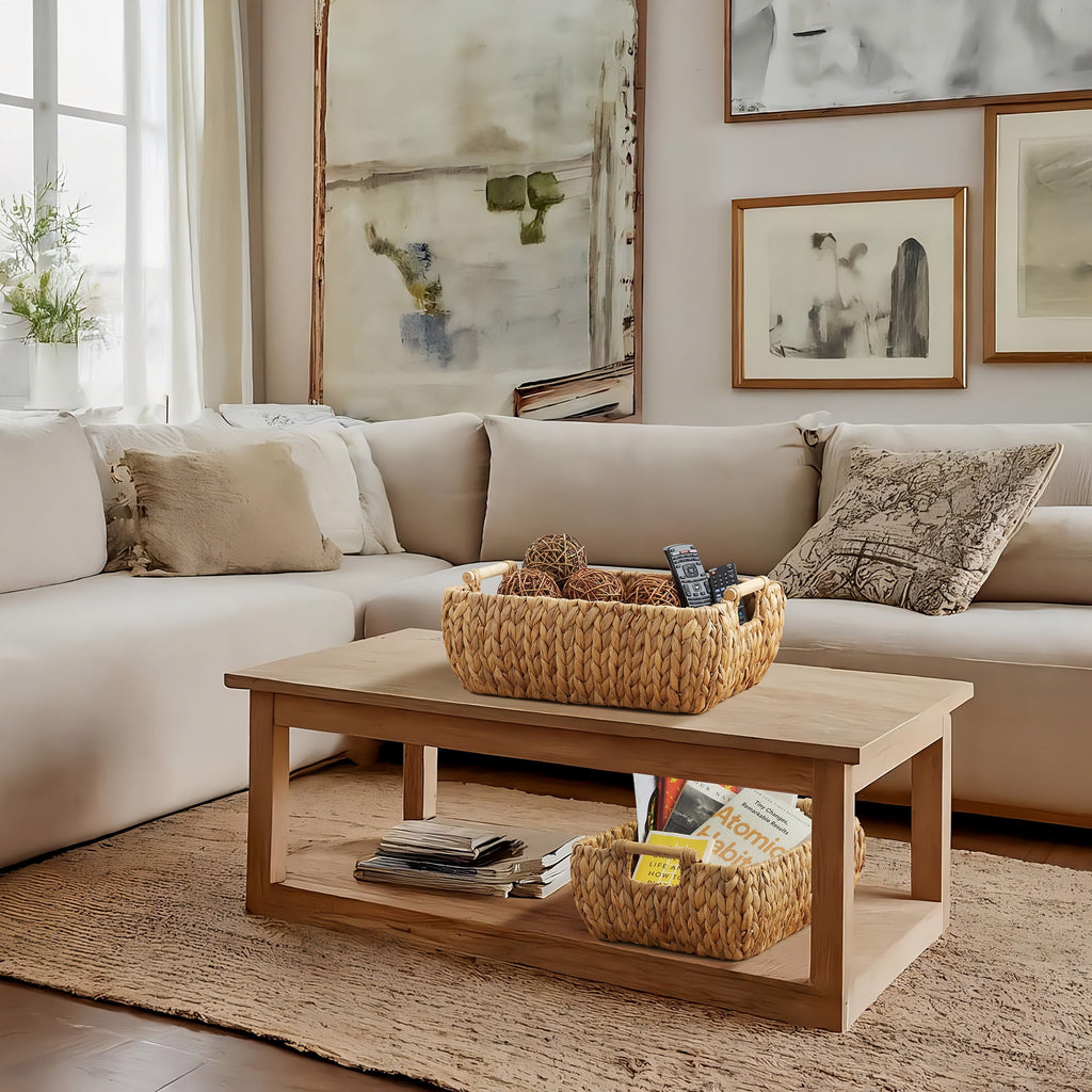 Casafield (Set of 2) Water Hyacinth Oval Storage Baskets with Wooden Handles - Large Woven Bin Organizers