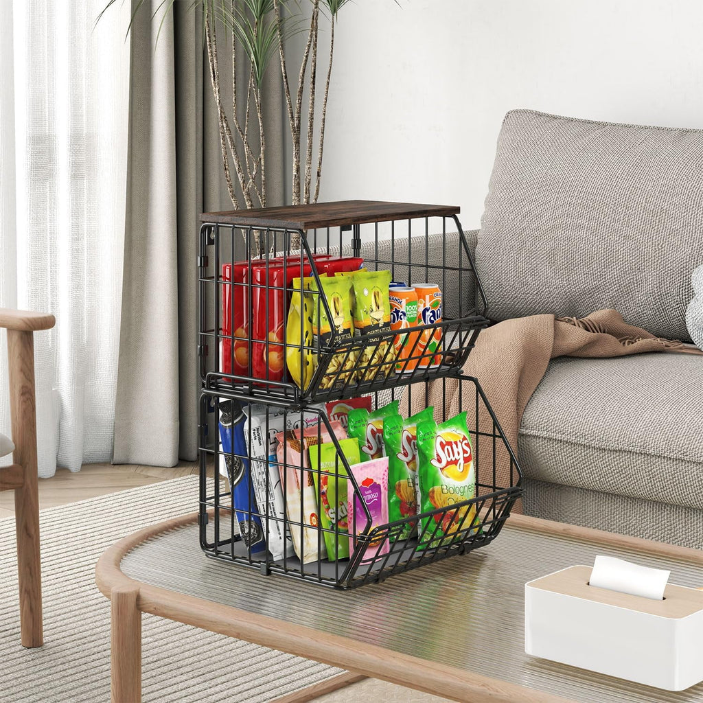 Wetheny 2 Tier Stackable Wall Mounted Wire Basket Fruit Basket with Wood Lid - Kitchen Pantry Organization and Storage, Hanging Storage Basket for fruits, Onion, Potato, Produce, Vegetable (Black)