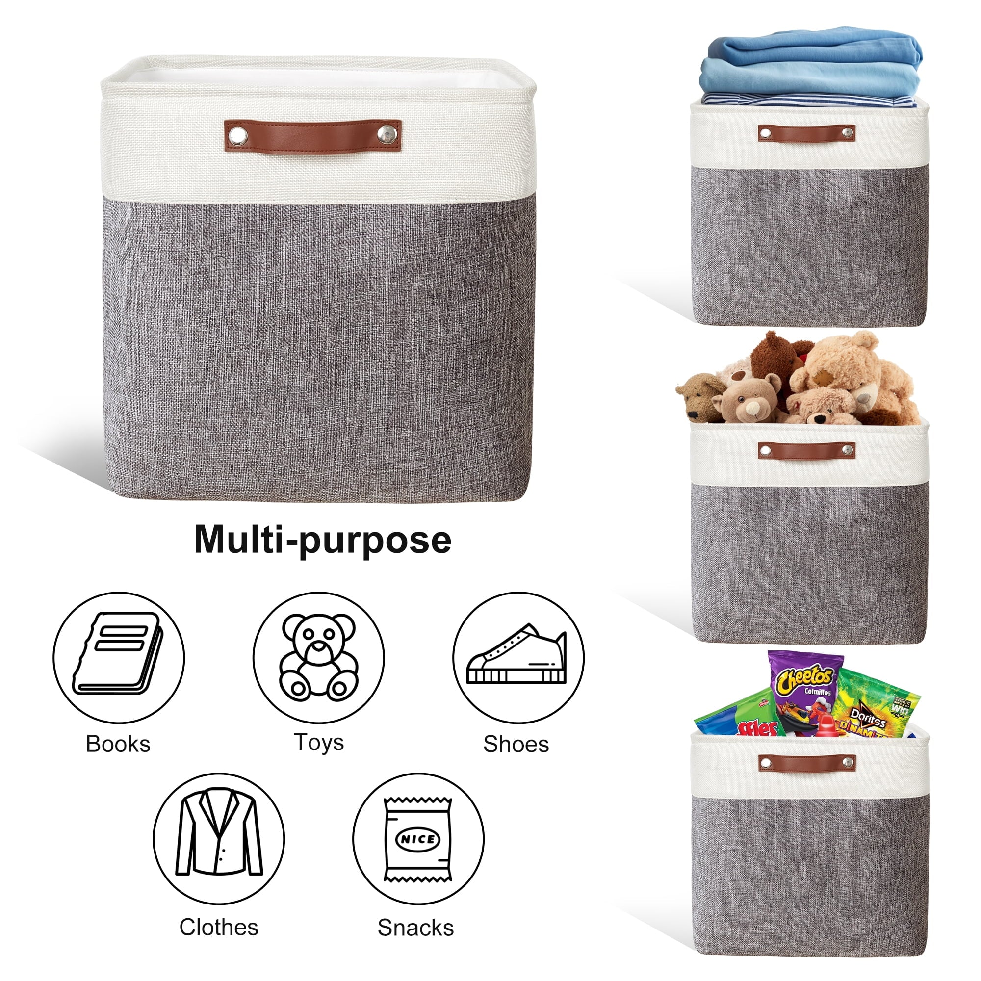 Tegance 13x13 Storage Cubes Baskets 4 Pack Fabric Cube Storage Bins Large Storage Baskets with Leather Handles,Decorative Storage Boxes for Organizing Shelves(White&Gray)