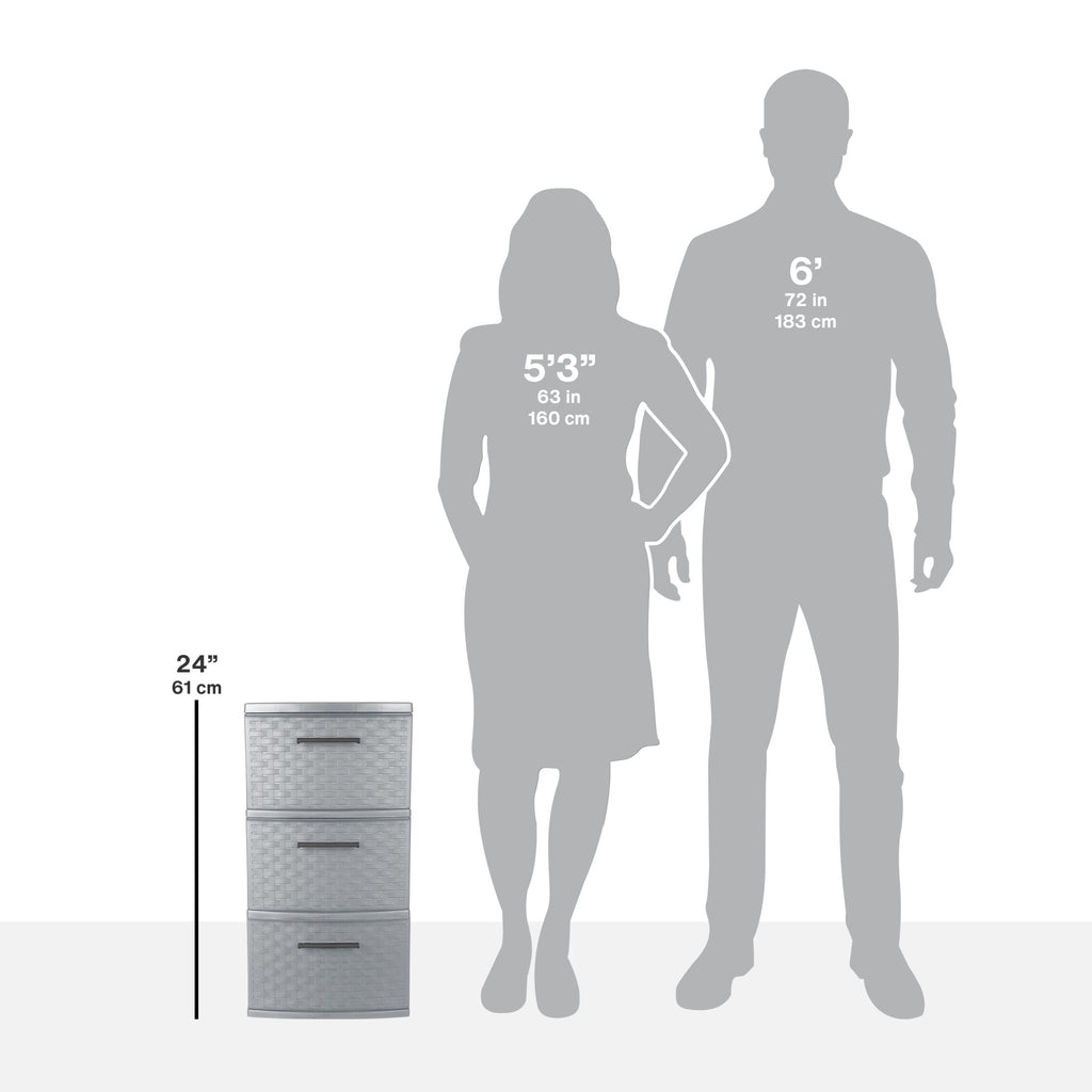 Sterilite 3 Drawer Weave Tower, Plastic Décor Drawers with Pull Handles, Light Gray, 2 Count