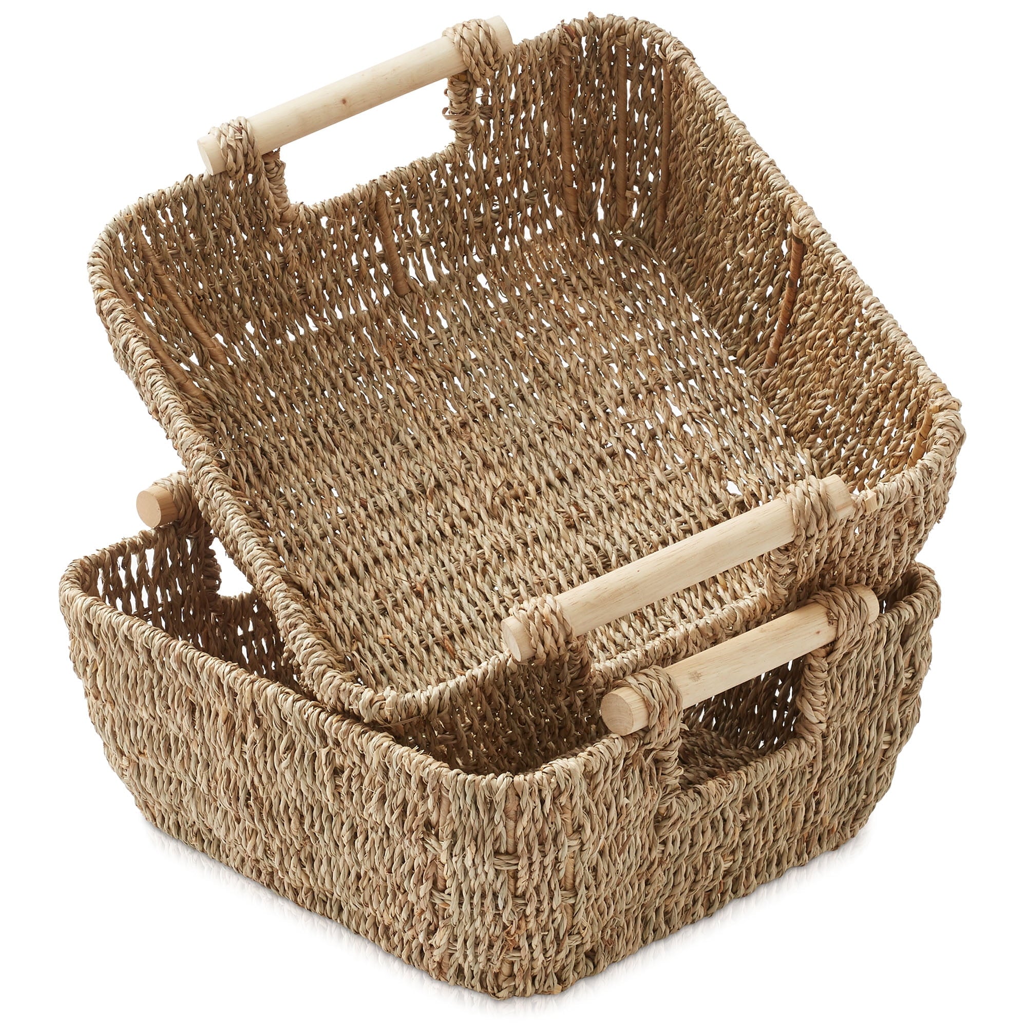 Casafield (Set of 2) Water Hyacinth Oval Storage Baskets with Wooden Handles - Large Woven Bin Organizers