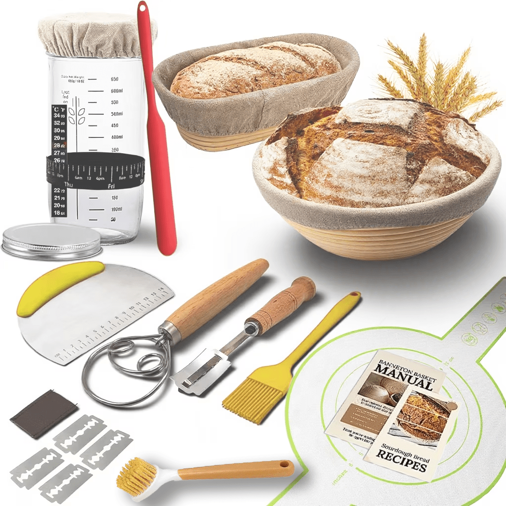 FAKYFJ Sourdough Starter Kit,Sourdough Bread Baking Supplies,  Bread Proofing Basket, Bread Making Tools Kit, Sour Dough Kit Tools, Sourdough Proofing Basket, Sourdough Kit Gifts for Bakers Women Wif