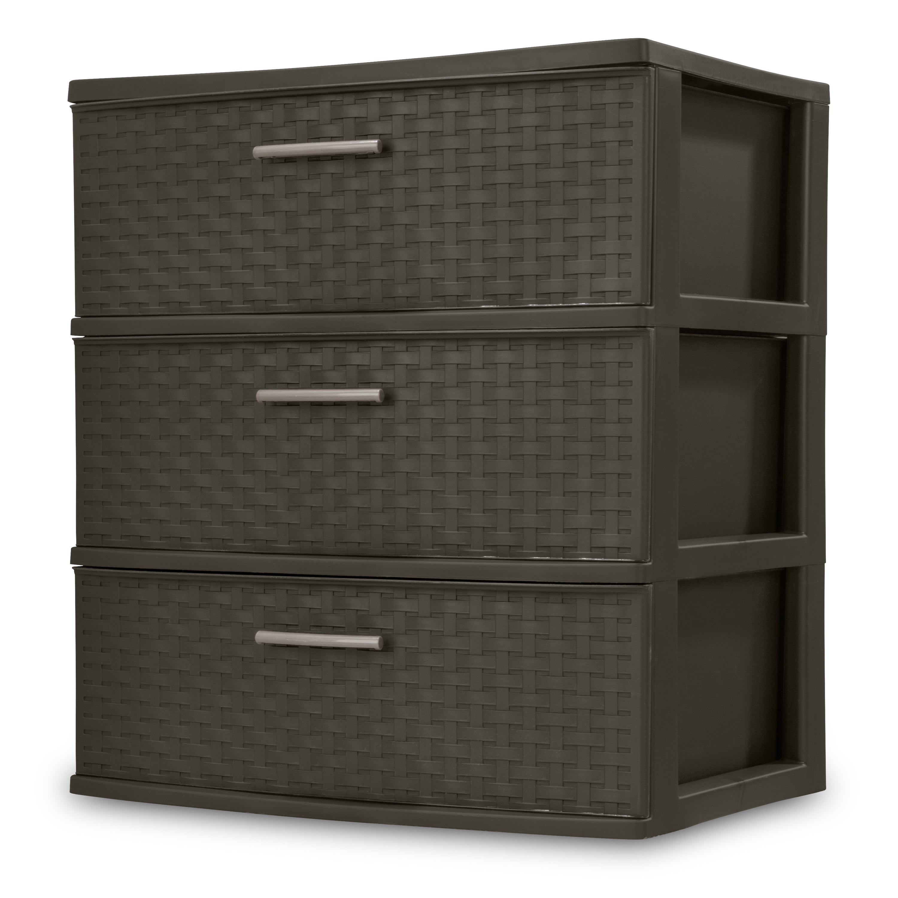 Sterilite 3 Drawer Wide Weave Tower, Plastic Décor Drawers with Pull Handles, Brown