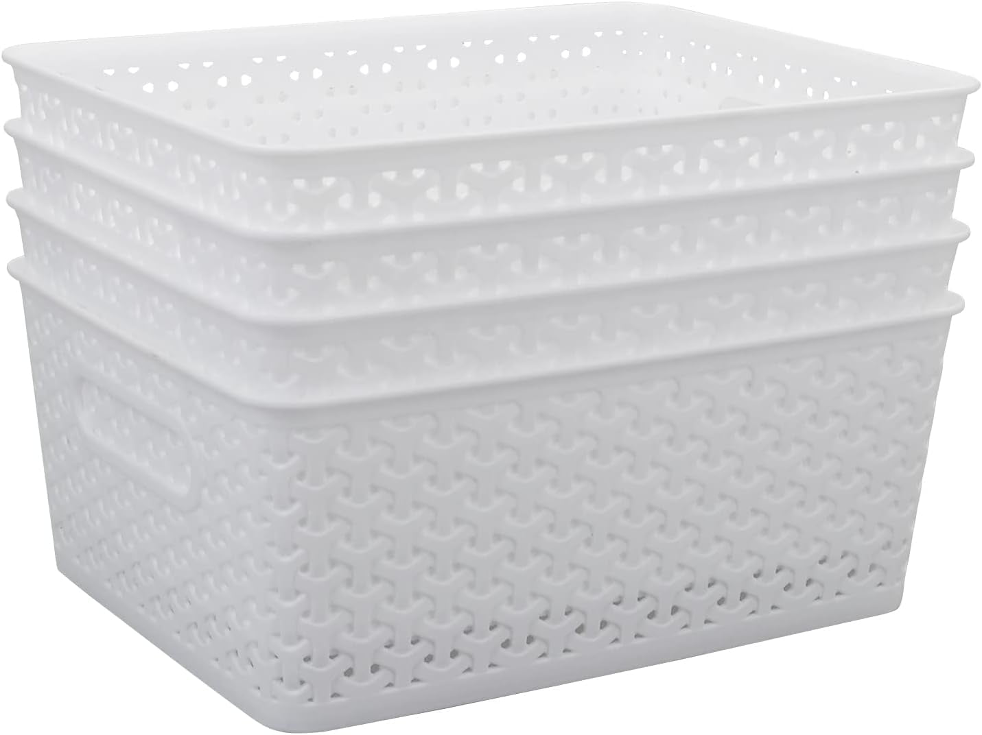 Woven Plastic Basket, Plastic Storage Baskets, White, 11.41" x 8.9" x 4.6", Pack of 4, F