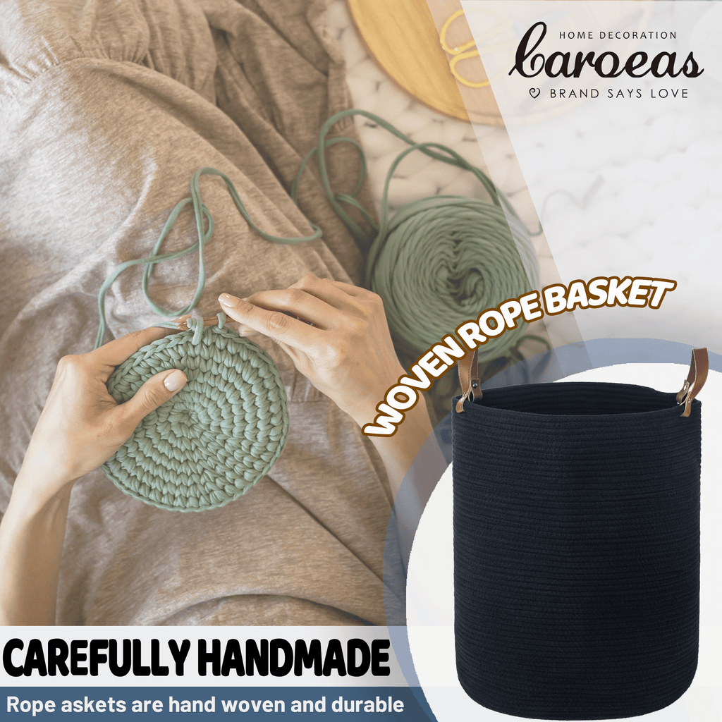 Caroeas XXXL Extra Large Rope Basket, 16''x20'' Woven Storage Basket with Leather Handles, Blanket Basket for Living Room, Tall Nursery Basket, Storage Organizer, Black