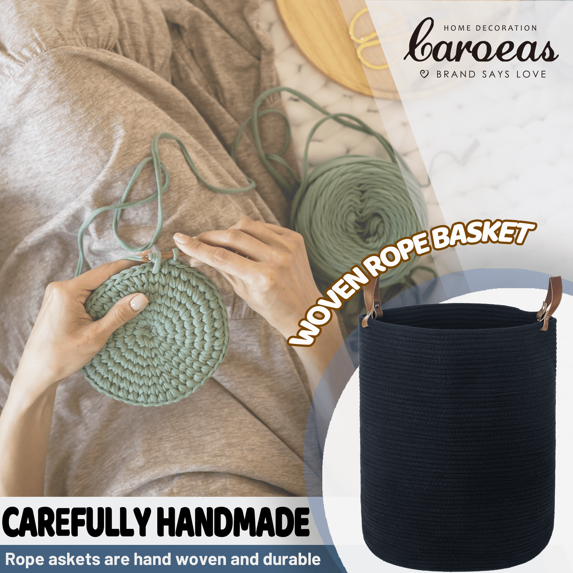 Caroeas XXXL Extra Large Rope Basket, 16''x20'' Woven Storage Basket with Leather Handles, Blanket Basket for Living Room, Tall Nursery Basket, Storage Organizer, Black