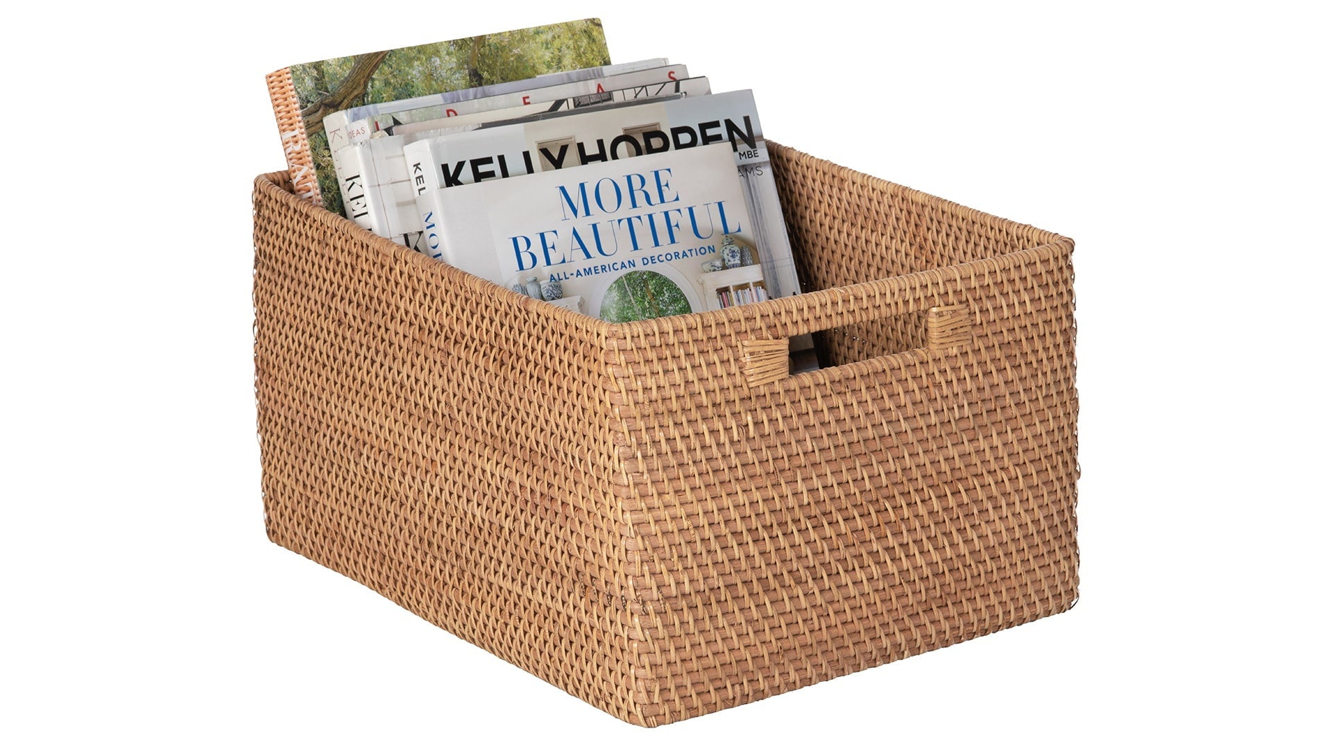 Kouboo Loma Rectangular Decorative Rattan Storage Basket With Handles, Coastal-Inspired Handwoven, Home Organization, Honey Brown