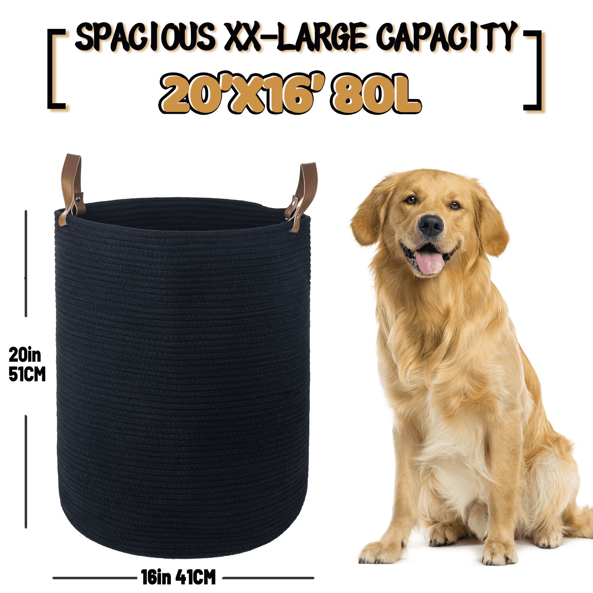 Caroeas XXXL Extra Large Rope Basket, 16''x20'' Woven Storage Basket with Leather Handles, Blanket Basket for Living Room, Tall Nursery Basket, Storage Organizer, Black