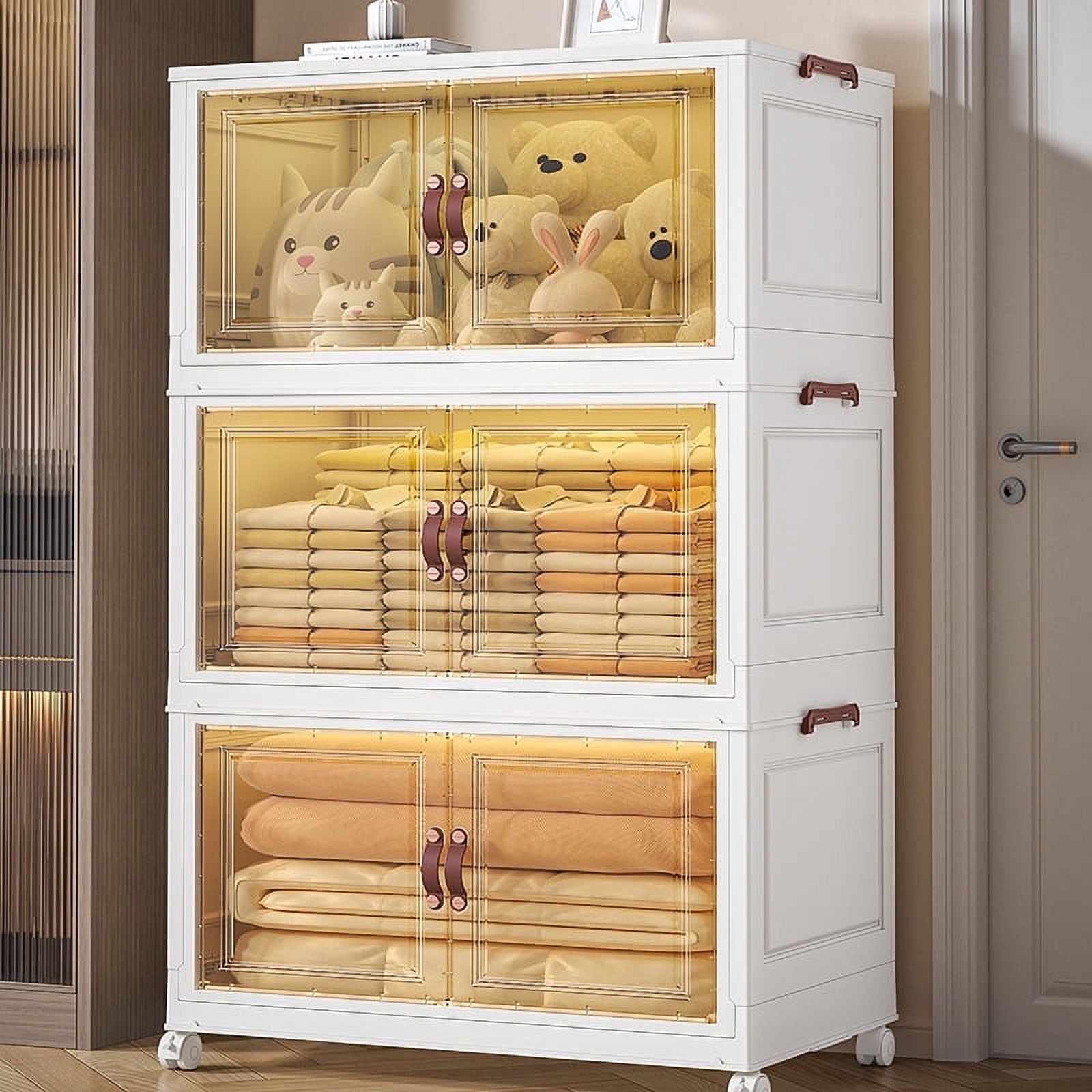 IRINNA 60QT Storage Bins with Lids - Folding Storage box with Doors and Wheels, Collapsible Plastic Storage Bins for Closets, Stackable Storage Organizer, Storage Containers for Closet, 3 Pack Cubes