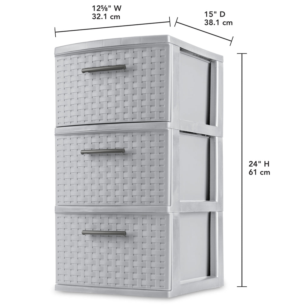 Sterilite 3 Drawer Weave Tower, Plastic Décor Drawers with Pull Handles, Light Gray, 2 Count