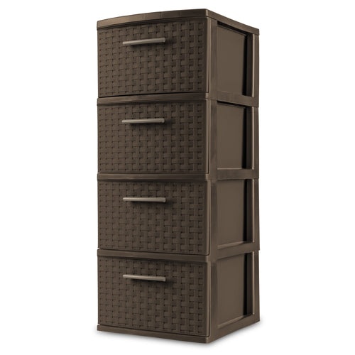 (2 pack) Sterilite 4 Drawer Weave Tower, Plastic Décor Drawers with Pull Handles, Brown