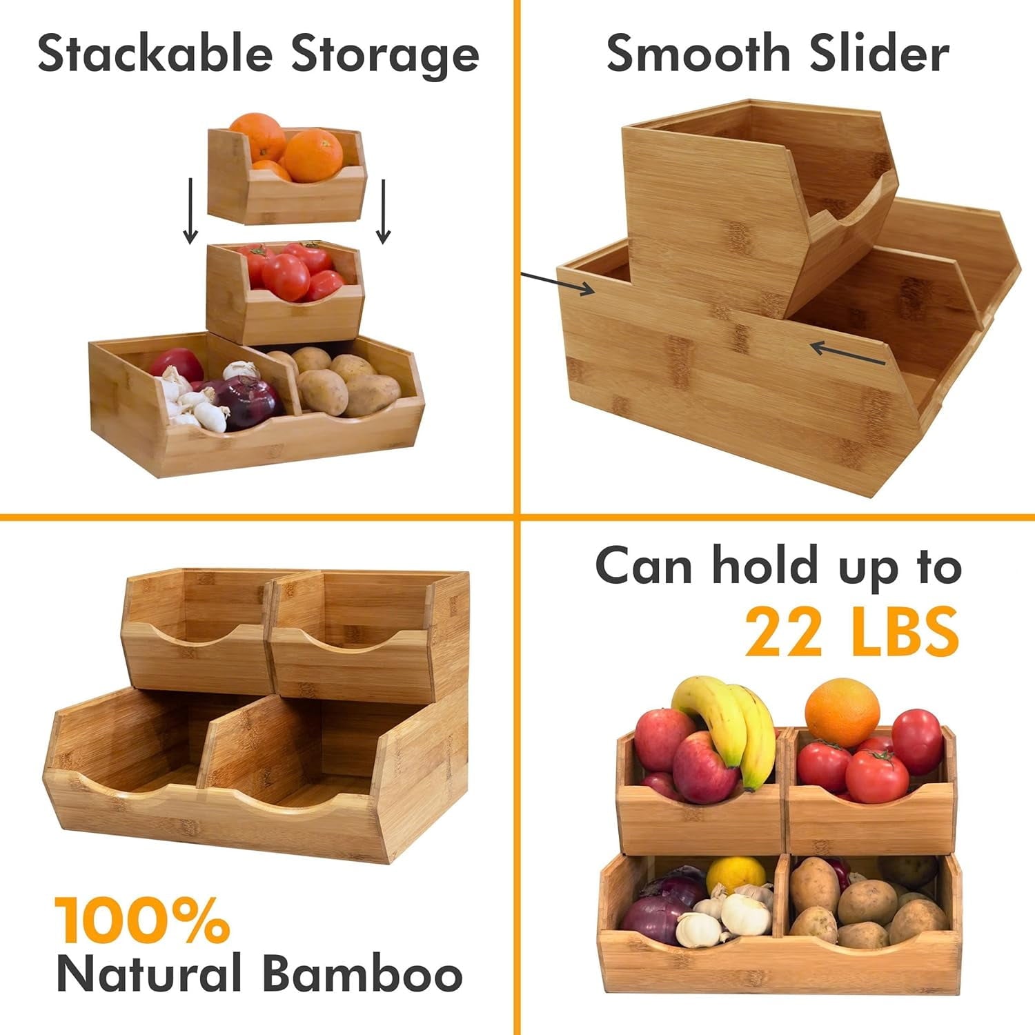 HOMESTEAD Bamboo Pantry Storage Bins - Stackable Baskets, Potato and Onion Storage for Pantry Organization, Set 3 Pieces