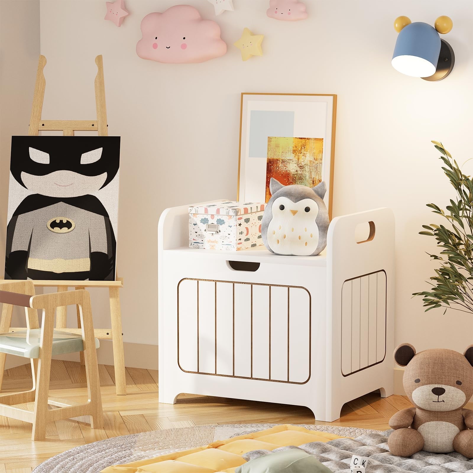 Kids Storage Chests & Trunks, White Toy Box, Small Cube Organizer, Wooden Storage Bin With Handle For Store Toy Books Clothes, Small Square Nightstand For Entryway,Bedroom